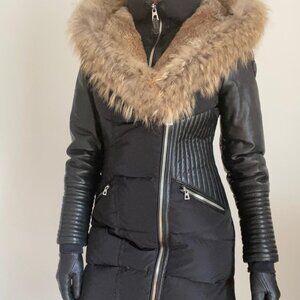 Rudsak Manteau - Leather Sleeved and Corset Parka With Fur Trim and Hood